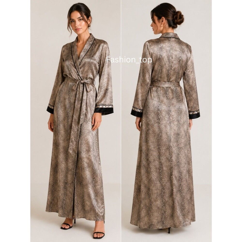 Natori Women’s Satin Animal Print Wrap Robe Long Kimono Lounge Sleepwear